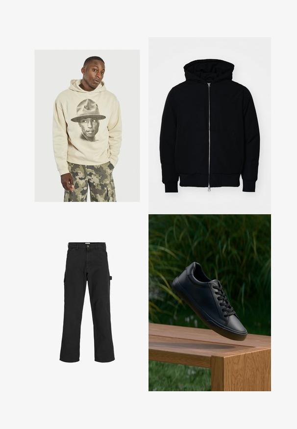 Giacca nera con cappuccio, dotata di zip frontale, tasca a marsupio, polsini e orlo a coste, esposta su uno sfondo bianco semplice.; Hoodie beige con una grande grafica in bianco e nero di una persona con un cappello. Materiale in cotone con una texture morbida. Vestibilità ampia e tasca a marsupio.; Pantaloni cargo neri in tessuto misto cotone. Presentano gambe ampie, tasche anteriori oblique e una tasca laterale con un anello per accessori.; Sneaker in pelle nera con texture liscia, punta rotonda e lacci piatti, posizionato sopra una superficie di legno con erba verde sullo sfondo.