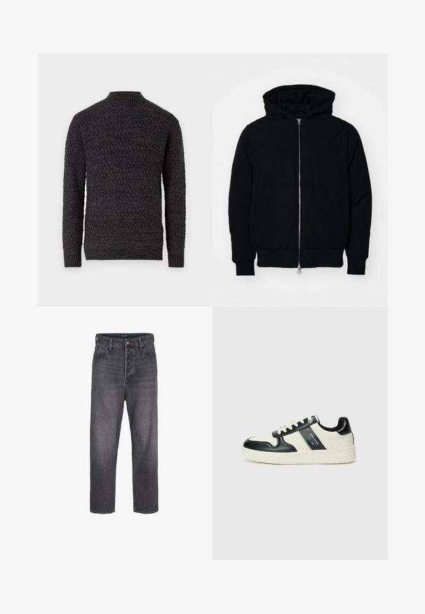 Juodas gobtuvėlis su priekiniu užtrauktuku, kengūros tipo kišene, lygiais rankogaliais ir apvadu, pateiktas ant vientiso balto fono.; Textūruotas tamsiai pilkas megztinis su aukštu raištelių kaklu, ilgomis rankovėmis ir struktūruotu mezgimo raštu visame megztinyje.; Tamsiai pilki džinsai su tiesia kelnėmis, aukštu liemeniu, penkių kišenių dizainu ir šiek tiek išblukimu. Metalinė sagčių ir užtrauktuko uždarymo sistema.; Odiniai sportbačiai juodos ir kreminės spalvų schemoje, su perforuotais akcentais, paminkštinta apykakle ir tekstūruotu padu.