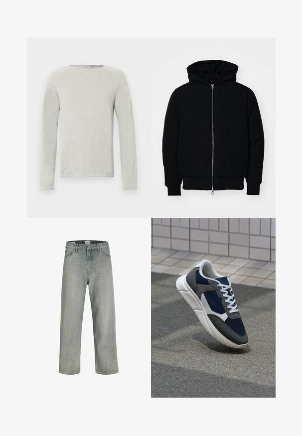Crna kapuška jakna s prednjim zatvaračem, kenguru džepom, rebrastim manžetama i rubom, prikazana na običnoj bijeloj pozadini.; Svijetlosiva majica dugih rukava s ovalnim izrezom, teksturirana tkanina i raglan rukavi. Jednostavan dizajn, bez vidljivih logotipa ili uzoraka.; Svijetlosive, široke traperice napravljene od denima. Imaju klasičan dizajn s pet džepova, petlje za remen i ravni kroj nogavica.; Tenisice s gornjim dijelom od mrežastog materijala tamnoplave boje, siva antilopova naglašavanja, bijela gumena potplat i ravne bijele vezice, dizajnirane za udobnost i prozračnost.