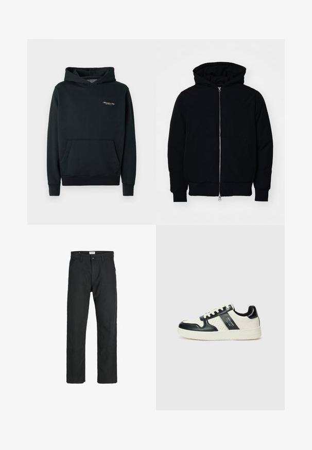 Black hooded jacket with front zipper, kangaroo pocket, ribbed cuffs, and hem, displayed on a plain white background.; Dark green hoodie made of soft fabric, featuring a front pocket and ribbed cuffs and hem. Small white logo on the chest.; Black t-shirt made of cotton with short sleeves. Features a green "ROOTS" logo on the front, round neckline, and standard fit.; Black pants made of durable fabric, featuring a straight-leg design, stitched accents, and two front pockets for functionality.; Leather sneakers with a black and cream color scheme, featuring perforated accents, a padded collar, and a textured outsole.