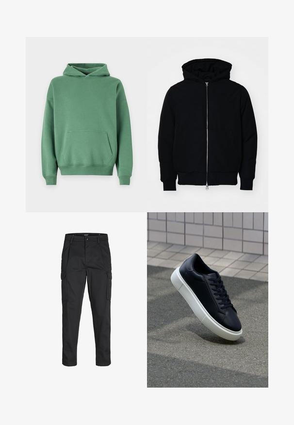 Veste à capuche noire avec fermeture éclair sur le devant, poche kangourou, poignets et ourlet côtelés, présentée sur un fond blanc uni.; Abercrombie & Fitch Essential Popover Hoodie - Sweatshirt - myrtle; Pantalons cargo noirs en tissu résistant, dotés de plusieurs poches, d'une fermeture par bouton et d'une coupe slim avec des jambes fuselées.; Baskets noires en cuir avec bout arrondi et semelle en caoutchouc blanc. Elles présentent des lacets plats et une couture minimale sur la tige. Semelle texturée pour une bonne adhérence.