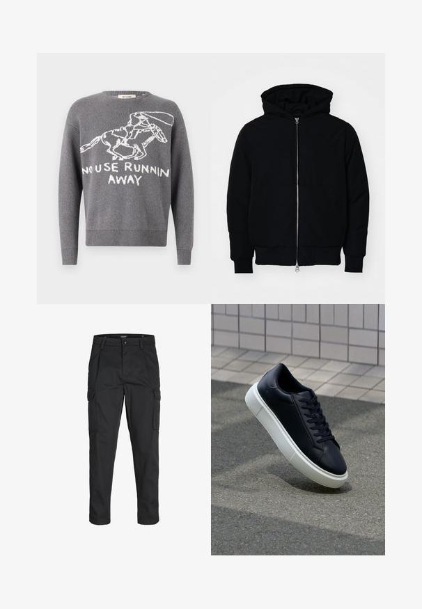 Veste à capuche noire avec fermeture éclair sur le devant, poche kangourou, poignets et ourlet côtelés, présentée sur un fond blanc uni.; Pull en tricot gris avec un motif blanc représentant un lapin courant et le texte "PAS D'UTILITÉ À FUIR". Poignets et ourlet côtelés. Encolure classique.; Pantalons cargo noirs en tissu résistant, dotés de plusieurs poches, d'une fermeture par bouton et d'une coupe slim avec des jambes fuselées.; Baskets noires en cuir avec bout arrondi et semelle en caoutchouc blanc. Elles présentent des lacets plats et une couture minimale sur la tige. Semelle texturée pour une bonne adhérence.