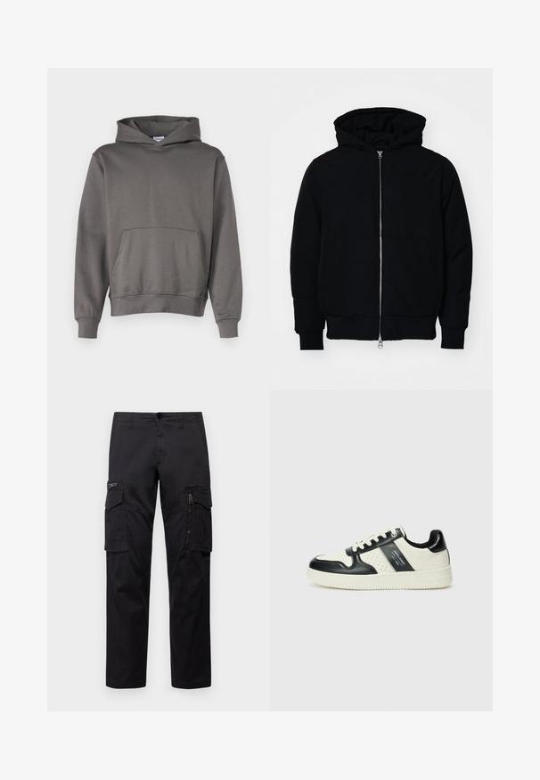 Mustaga kapuutsiga jakk, millel on esineed, kenguru tasku, soonikkoes, ja alläär, esitatud lihtsal valgel taustal.; Halloonhall, mis on valmistatud pehmest kangast; sisaldab känguru taskut, reguleeritavat paelaga kapuutsi ja soonikuga varrukaid ning alumist äärt. Sile tekstuur.; Mustad mustree püksid, millel on mitu taskut, lukuulukuga tasku reie peal, sirge lõige ja tugevast puuvillast materjal, millel on kerge läige.; Nahatud nahkkingad musta ja kreemi värviskeemiga, millel on perforeeritud aktsendid, pehme krae ja tekstureeritud tallad.