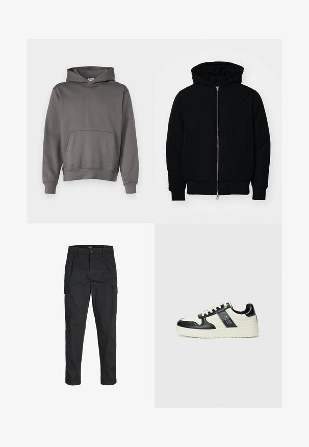 Giacca nera con cappuccio, dotata di zip frontale, tasca a marsupio, polsini e orlo a coste, esposta su uno sfondo bianco semplice.; Felpa grigia realizzata in tessuto morbido; presenta una tasca a marsupio, cappuccio con cordino regolabile e polsini e orlo a coste. Texture liscia.; Pantaloni cargo neri realizzati in un tessuto resistente, dotati di molteplici tasche, chiusura con bottone e un design aderente con gambe affusolate.; Sneakers in pelle con una combinazione di colori nero e crema, dotati di dettagli perforati, collare imbottito e suola testurizzata.