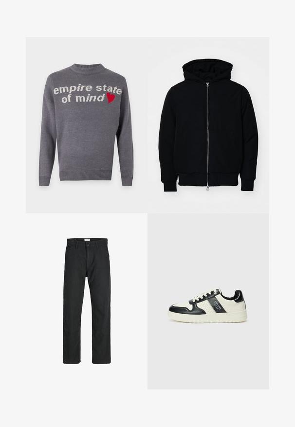 Jachetă neagră cu glugă, cu fermoar în față, buzunar tip kangaroo, mansete și tiv ribbed, prezentată pe un fundal alb simplu.; Pulover tricotat gri cu inscripția "empire state of mind" în text alb și un accent roșu sub formă de inimă. Guler rotund și tiv și manșete cu jerseu.; Pantaloni negri dintr-un material durabil, cu un design cu picior drept, accente cusute și două buzunare frontale pentru funcționalitate.; Tenisi din piele cu un scheme de culori negru și crem, dotati cu accente perforate, guler căptușit și o talpă texturată.