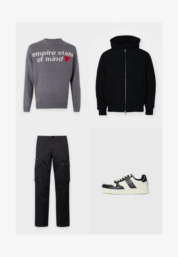 Schwarze Kapuzenjacke mit Frontreißverschluss, Kängurutasche, gerippten Bündchen und Saum, auf einem schlichten weißen Hintergrund präsentiert.; Grau gestrickter Pullover mit der Aufschrift "Empire State of Mind" in weißem Text und einem roten Herzakzent. Rundhalsausschnitt sowie gerippter Saum und Bündchen.; Schwarze Cargo-Hosen mit mehreren Taschen, einer Reißverschlusstasche am Oberschenkel, geradem Schnitt und strapazierfähigem Baumwollstoff mit leichtem Glanz.; Leder-Sneaker in Schwarz- und Cremetönen, mit perforierten Akzenten, einem gepolsterten Kragen und einer strukturierten Laufsohle.