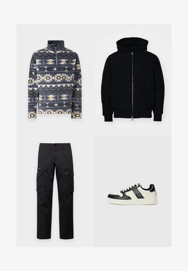 Mustaga kapuutsiga jakk, millel on esineed, kenguru tasku, soonikkoes, ja alläär, esitatud lihtsal valgel taustal.; Jack & Jones JORIBIZA HALF ZIP - Fliisdžemper - night shadow blue; Mustad mustree püksid, millel on mitu taskut, lukuulukuga tasku reie peal, sirge lõige ja tugevast puuvillast materjal, millel on kerge läige.; Nahatud nahkkingad musta ja kreemi värviskeemiga, millel on perforeeritud aktsendid, pehme krae ja tekstureeritud tallad.