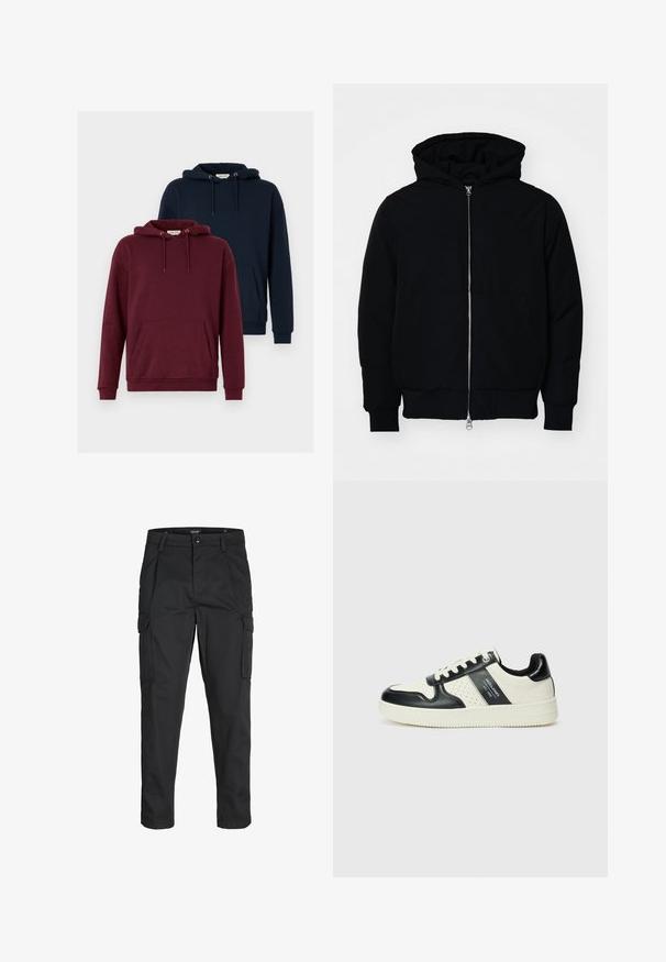 Black hooded jacket with front zipper, kangaroo pocket, ribbed cuffs, and hem, displayed on a plain white background.; Two hoodies: one burgundy and one navy. Both feature a front kangaroo pocket, drawstring hoods, ribbed cuffs, and a soft fabric texture.; Black cargo pants made of sturdy fabric, featuring multiple pockets, a button closure, and a slim fit design with tapered legs.; Leather sneakers with a black and cream color scheme, featuring perforated accents, a padded collar, and a textured outsole.