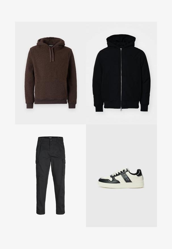 Črna kapuca jakna s sprednjim zadrgo, kenguru žepom, rebrastimi manšetami in hemom, razstavljena na enostavni beli ozadju.; Brah barva flisasta kapuca z teksturirano površino, sprednja žep, kapuca na vrvico in rebrasti manšeti. Mehka, topla tkanina s sproščenim krojem.; Črne cargo hlače iz trdnega blaga, ki imajo več žepov, gumbasto zapiranje in ozek kroj z zožanimi nogami.; Usnjeni športni čevlji z črno in krem barvno shemo, ki vključujejo perforirane dodatke, podložen ovratnik in strukturirano podplat.