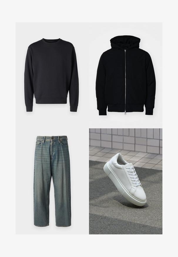 Black hooded jacket with front zipper, kangaroo pocket, ribbed cuffs, and hem, displayed on a plain white background.; Black sweatshirt made of cotton blend with a round neckline, long sleeves, and ribbed cuffs and hem. Smooth texture, minimalist design.; Light blue denim jeans with a loose fit, mid-rise waist, and straight legs. Features five pockets, belt loops, and a button closure.; White leather sneaker with a smooth surface, round toe, and flat white laces. Features a textured rubber sole and minimal design elements.