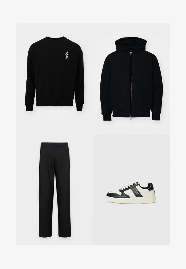 Zwarte hoodie met rits aan de voorkant, kangoeroe-pocket, geribbelde manchetten en zoom, weergegeven op een effen witte achtergrond.; Jack & Jones JORHONOR CREW NECK UNISEX - Sweater - black; Zwarte broeken van gladde stof, met een recht model, twee voorknikken en een standaard tailleband met riemlussen.; Leren sneakers met een zwart en crèmekleurig kleurenschema, voorzien van geperforeerde accenten, een gevoerde kraag en een gestructureerde buitenzool.