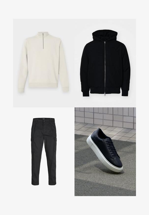 Chaqueta negra con capucha, cierre frontal, bolsillo tipo canguro, y puños y dobladillo acanalados, exhibida sobre un fondo blanco liso.; Sudadera de manga larga en color blanco roto, con cierre de cuarto de cremallera y cuello alto, puños y dobladillo acanalados, exhibida sobre un fondo plano.; Pantalones cargo negros hechos de tela resistente, que cuentan con múltiples bolsillos, un cierre de botón y un diseño de corte slim con piernas ajustadas.; Zapatilla de cuero negro con punta redonda y suela de goma blanca. Presenta cordones planos y un mínimo de costuras en la parte superior. Suela texturizada para proporcionar agarre.