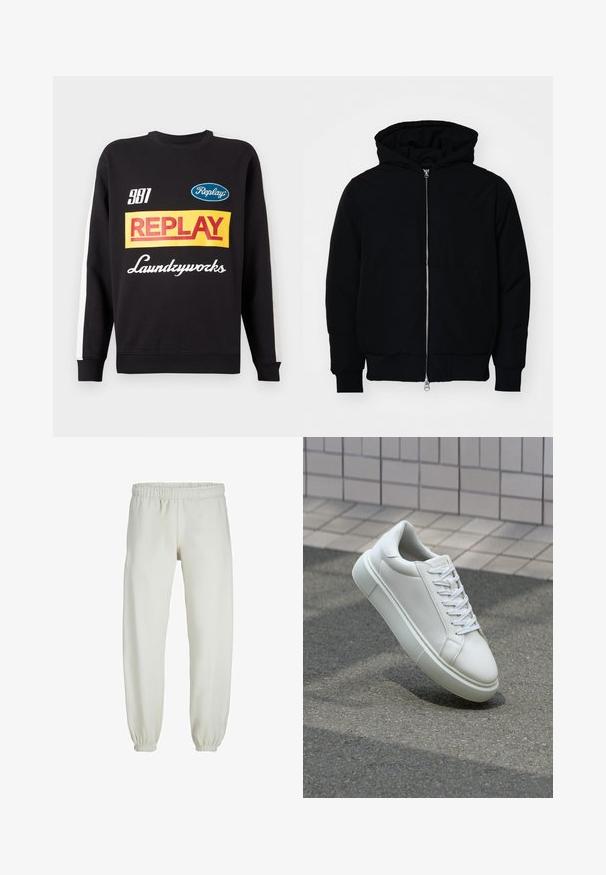 Svart huoodiejacka med framdragkedja, känguruficka, ribbade ärmslut och nederkant, uppställd mot en vit bakgrund.; Svart crewneck sweatshirt med vita ränder på ärmarna, med flerfärgade textlogotyper "Replay" och "Laundryworks" på framsidan.; Vita sweatpants gjorda av mjukt tyg, med elastisk midja och muddar, samt en slät textur och lös passform.; Vit lädersneaker med en slät yta, rund tå och platta vita snören. Har en texturerad gummisula och minimalistiska designelement.