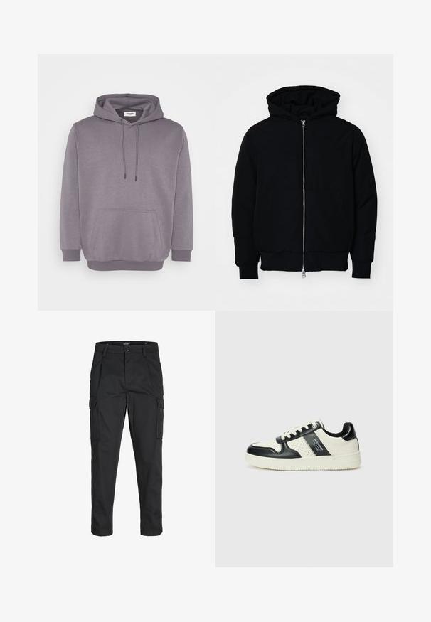 Black hooded jacket with front zipper, kangaroo pocket, ribbed cuffs, and hem, displayed on a plain white background.; Grey hoodie with a drawstring hood, front pouch pocket, ribbed cuffs, and hem. Made of soft cotton blend fabric with a smooth texture.; Black cargo pants made of sturdy fabric, featuring multiple pockets, a button closure, and a slim fit design with tapered legs.; Leather sneakers with a black and cream color scheme, featuring perforated accents, a padded collar, and a textured outsole.