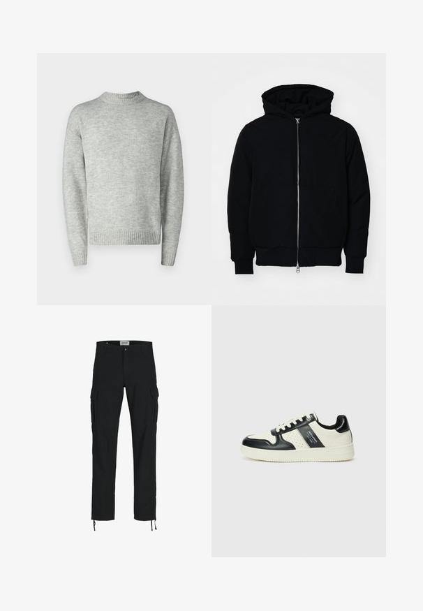 Black hooded jacket with front zipper, kangaroo pocket, ribbed cuffs, and hem, displayed on a plain white background.; Light gray pullover sweater, knitted texture, crew neck, long sleeves, ribbed hem and cuffs, relaxed fit, minimalistic design.; Black cargo pants with a straight cut, featuring side pockets, a button closure, and elastic drawstrings at the ankles. Made from durable fabric.; Leather sneakers with a black and cream color scheme, featuring perforated accents, a padded collar, and a textured outsole.