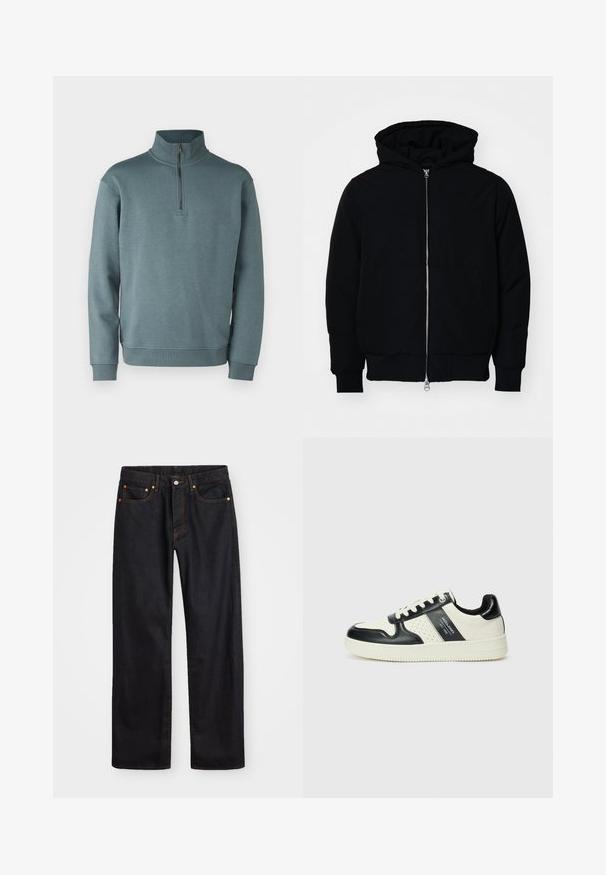 Jachetă neagră cu glugă, cu fermoar în față, buzunar tip kangaroo, mansete și tiv ribbed, prezentată pe un fundal alb simplu.; Jack & Jones JJEBRADLEY HALF ZIP - Bluză de molton - goblin blue; Jeans negri din denim pentru bărbați, cu croială dreaptă, cinci buzunare și cusături portocalii, închidere cu nasture și fermoar pe talie.; Tenisi din piele cu un scheme de culori negru și crem, dotati cu accente perforate, guler căptușit și o talpă texturată.