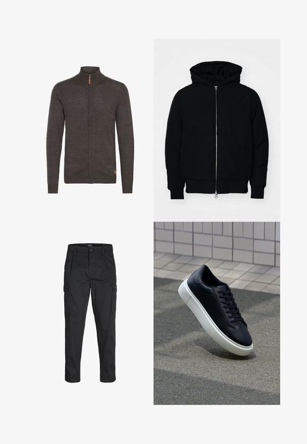 Svart hettejakke med frontglidelås, kengurulomme, ribbestrikket mansjetter og søm, vist på en ensfarget hvit bakgrunn.; Mørkegrå zip-up cardigan med høy krage, ribbede mansjetter og nederkant. Har et teksturert strikket stoff og liten logo-patch nederst.; Sorte cargo bukser laget av slitesterkt stoff, med flere lommer, knappelukking og en slim fit-design med avsmalnede ben.; Sorte skinnsneakers med rund tå og hvit gummisåle. Har flate lisser og minimal søm på overdelen. Strukturert såle for grep.