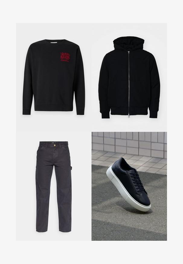 Čierna kapucňová bunda s predným zipsom, klokaními vreckami, rebrovanými manžetami a lemom, zobrazená na bielom pozadí.; Čierna mikina s dlhými rukávmi, s dizajnom okrúhleho výstrihu, rebrovanými manžetami a lemom. Na hrudi je červený text loga. Vyrobená z mäkkého materiálu.; Tmavošedé cargo nohavice vyrobené z odolného materiálu, s rovnými nohavicami, piatimi vreckami a gombíkovým zapínaním v páse.; Čierne kožené tenisky s okrúhlou špičkou a bielou gumovou podrážkou. Majú ploché šnúrky a minimálne šitie na vrchu. Textúrovaná podrážka pre lepšiu priľnavosť.
