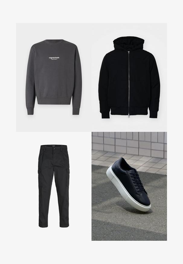 Black hooded jacket with front zipper, kangaroo pocket, ribbed cuffs, and hem, displayed on a plain white background.; Dark gray sweatshirt with long sleeves, round neckline, and ribbed cuffs. Features a small white logo text on the chest area.; Black cargo pants made of sturdy fabric, featuring multiple pockets, a button closure, and a slim fit design with tapered legs.; Black leather sneaker with rounded toe and white rubber sole. Features flat laces and minimal stitching on the upper. Textured sole for grip.