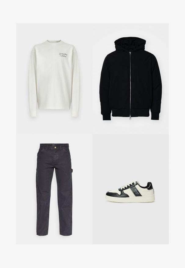 Giacca nera con cappuccio, dotata di zip frontale, tasca a marsupio, polsini e orlo a coste, esposta su uno sfondo bianco semplice.; T-shirt bianco a maniche lunghe con scollatura rotonda e testo ricamato nero in contrasto sul petto. Realizzato in tessuto morbido con una vestibilità comoda.; Pantaloni cargo grigio scuro realizzati in tessuto resistente, con un taglio dritto, cinque tasche e chiusura a bottoni in vita.; Sneakers in pelle con una combinazione di colori nero e crema, dotati di dettagli perforati, collare imbottito e suola testurizzata.