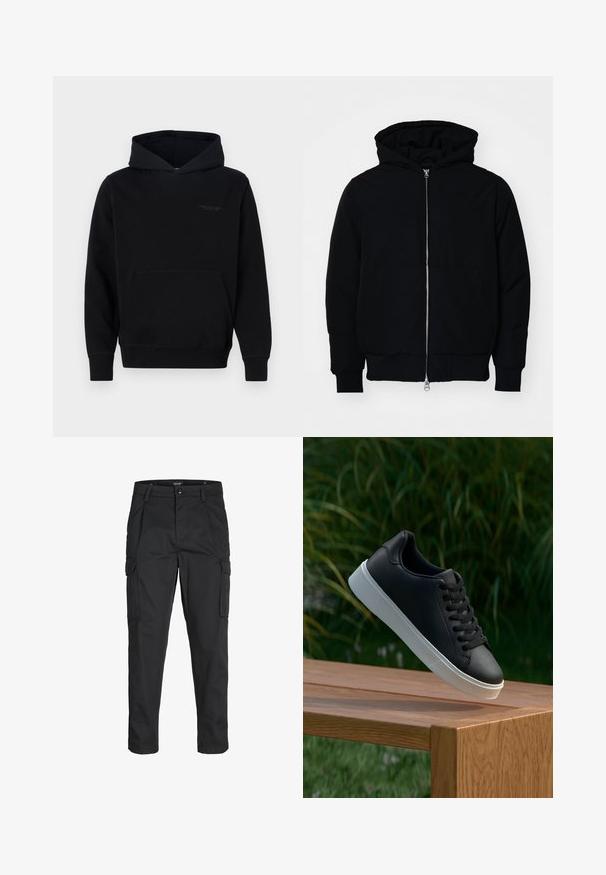 Black hooded jacket with front zipper, kangaroo pocket, ribbed cuffs, and hem, displayed on a plain white background.; Black hooded sweatshirt made of soft fabric, featuring a front kangaroo pocket and subtle branding on the chest. Long sleeves with ribbed cuffs.; Black cargo pants made of sturdy fabric, featuring multiple pockets, a button closure, and a slim fit design with tapered legs.; Black leather sneaker with a smooth texture, white rubber sole, and six eyelets for laces, displayed on a wooden surface.