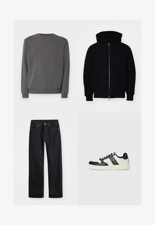 Black hooded jacket with front zipper, kangaroo pocket, ribbed cuffs, and hem, displayed on a plain white background.; Gray sweatshirt made of soft cotton blend fabric, featuring a round neck, long sleeves, and ribbed cuffs and hem. Smooth texture, no patterns.; Men’s straight-leg black denim jeans with five pockets and orange stitching, button and zip closure on front waistband.; Leather sneakers with a black and cream color scheme, featuring perforated accents, a padded collar, and a textured outsole.