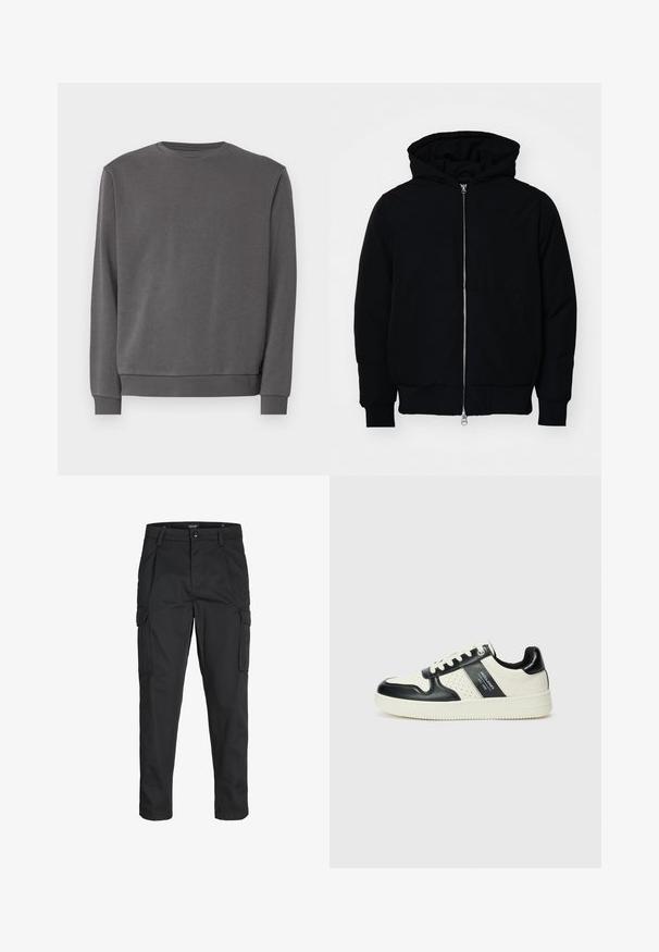 Crna kapuška jakna s prednjim zatvaračem, kenguru džepom, rebrastim manžetama i rubom, prikazana na običnoj bijeloj pozadini.; Sivi dukserica od mekog pamučnog materijala, s okruglim izrezom, dugim rukavima i rebrastim manžetama i donjim rubom. Ugladak materijal, bez uzoraka.; Crne cargo hlače izrađene od čvrstog materijala, s brojnim džepovima, kopčanjem na gumb i dizajnom koji pomaže da se prilagode tijelu sa suženim nogavicama.; Kožne tenisice s crno-bijelom paletom boja, koje imaju perforirane akcentne detalje, podstavljeni ovratnik i teksturiranu potplat.