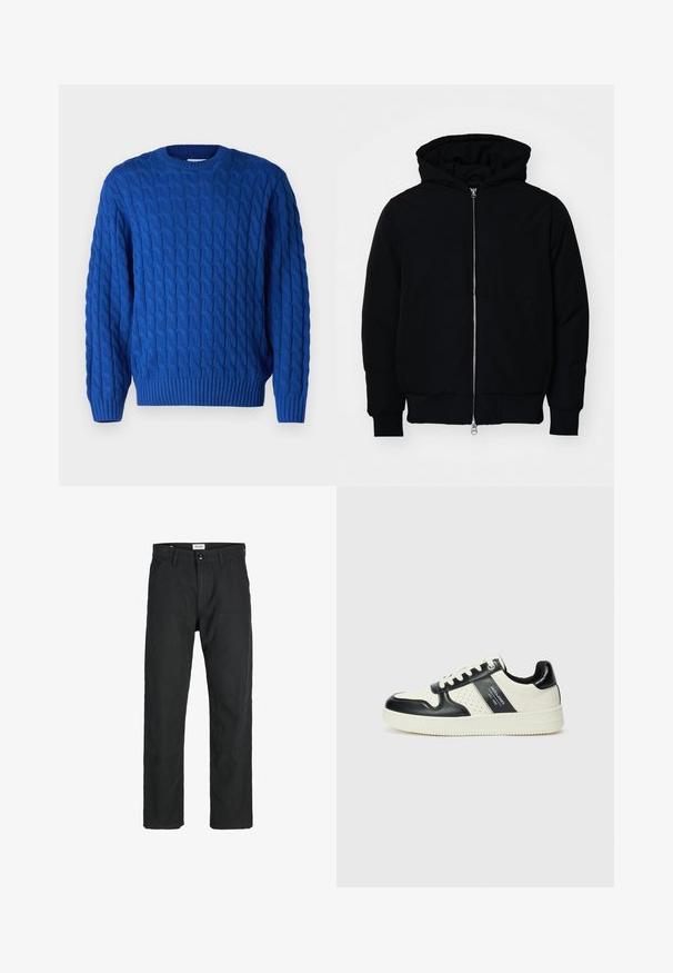 Schwarze Kapuzenjacke mit Frontreißverschluss, Kängurutasche, gerippten Bündchen und Saum, auf einem schlichten weißen Hintergrund präsentiert.; Blaues, aus Kabelstrick gefertigtes Sweatshirt mit rundem Halsausschnitt, gerippten Bündchen und Saum sowie einem strukturierten Muster im gesamten Stoff.; Schwarze Hosen aus strapazierfähigem Stoff, mit geradem Bein, genähten Akzenten und zwei vorderen Taschen für Funktionalität.; Leder-Sneaker in Schwarz- und Cremetönen, mit perforierten Akzenten, einem gepolsterten Kragen und einer strukturierten Laufsohle.