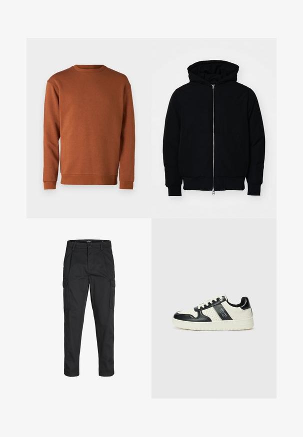 Schwarze Kapuzenjacke mit Frontreißverschluss, Kängurutasche, gerippten Bündchen und Saum, auf einem schlichten weißen Hintergrund präsentiert.; Jack & Jones JJEBRADLEY CREW - Sweatshirt - mocha bisque; Schwarze Cargo-Hose aus robustem Material, mit mehreren Taschen, einem Knopfverschluss und einem Slim-Fit-Design mit schmal zulaufenden Beinen.; Leder-Sneaker in Schwarz- und Cremetönen, mit perforierten Akzenten, einem gepolsterten Kragen und einer strukturierten Laufsohle.
