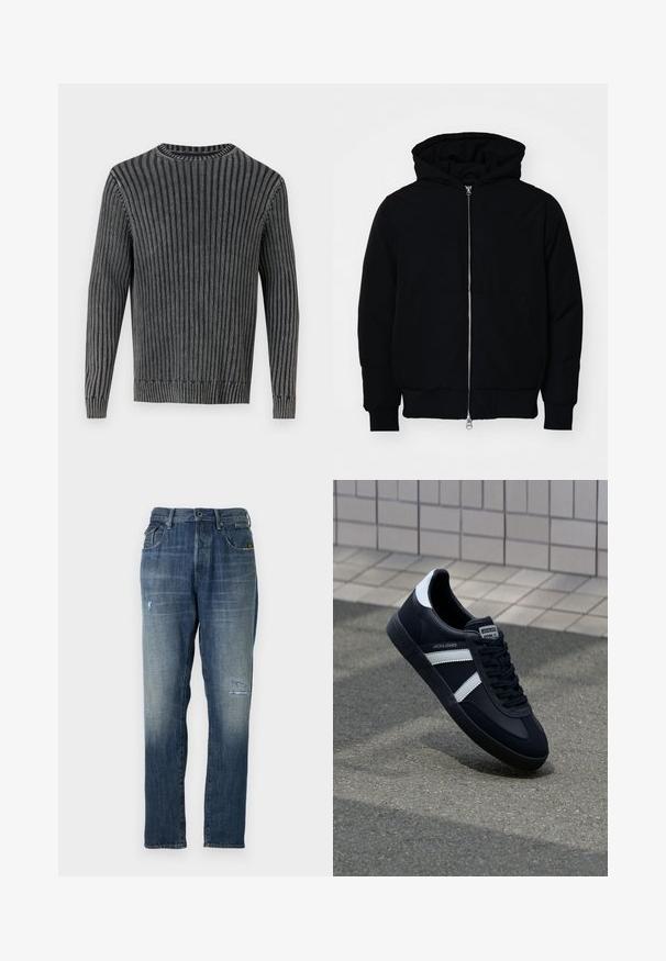 Schwarze Kapuzenjacke mit Frontreißverschluss, Kängurutasche, gerippten Bündchen und Saum, auf einem schlichten weißen Hintergrund präsentiert.; Gestrickter grauer Pullover mit vertikaler Rippstruktur, Rundhalsausschnitt und langen Ärmeln. Mit kontrastierenden dunklen Streifen und gerippten Bündchen.; Denimjeans in einem verblassten Blau, mit geradem Beinschnitt, moderaten Abnutzungen an der Vorderseite und klassischem Fünf-Taschen-Design.; Schwarze Leder-Sneaker mit weißen Streifen, strukturiertem Gummisohle und Schnürung. Verfügt über ein Markenetikett auf der Zunge.