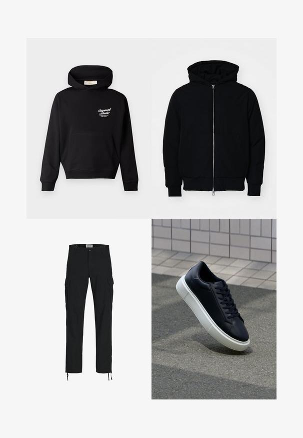 Black hooded jacket with front zipper, kangaroo pocket, ribbed cuffs, and hem, displayed on a plain white background.; Black hoodie made of soft fabric, featuring a front pocket, ribbed cuffs, and a logo in white on the left chest area.; Black cargo pants with a straight cut, featuring side pockets, a button closure, and elastic drawstrings at the ankles. Made from durable fabric.; Black leather sneaker with rounded toe and white rubber sole. Features flat laces and minimal stitching on the upper. Textured sole for grip.