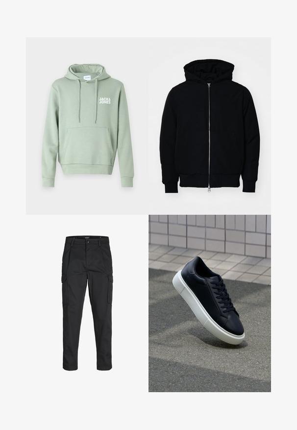Svart huoodiejacka med framdragkedja, känguruficka, ribbade ärmslut och nederkant, uppställd mot en vit bakgrund.; Jack & Jones JJECORP LOGO HOOD - Luvtröja - iceberg green; Svarta cargobyxor tillverkade av hållbart tyg, med flera fickor, knappstängning och en smal passform med avsmalnande ben.; Svart lädersneaker med rundad tå och vit gummisula. Har platta snören och minimal sömnad på ovansidan. Texturerad sula för grepp.