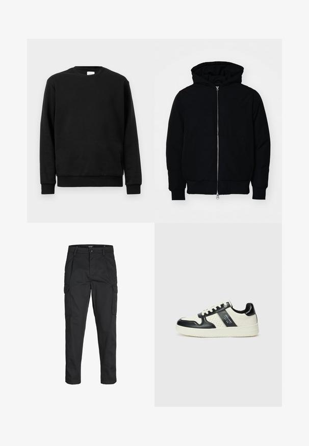 Mustat huppu-untuvatakki, jossa on vetoketju edessä, kenguru-tasku, ribatut hihansuut ja helma, esillä yksinkertaisella valkoisella taustalla.; Musta collegepaita, joka on valmistettu puuvillasekoitekankaasta; siinä on pyöreä kaula-aukko, pitkät hihat sekä resorit hihoissa ja helmassa mukautuvan istuvuuden takaamiseksi.; Mustat cargo-housut, jotka on valmistettu kestävästä kankaasta. Housuissa on useita taskuja, nappisulku ja kapea istuvuus, jossa on kapenevat lahkeet.; Nahkakengät musta-kerma värimaailmassa, joissa on rei'itetyt yksityiskohdat, pehmustettu nilkkaosa ja teksturoitu pohja.