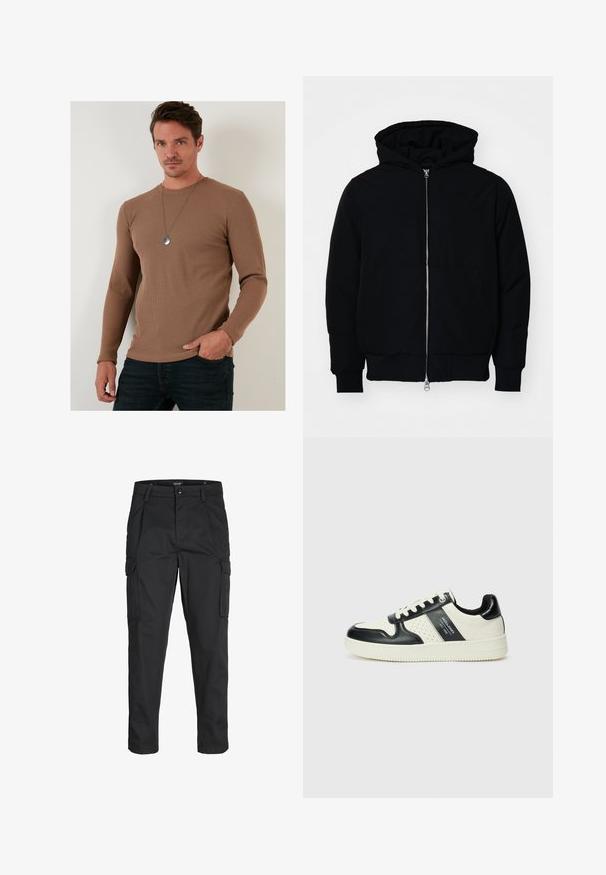 Black hooded jacket with front zipper, kangaroo pocket, ribbed cuffs, and hem, displayed on a plain white background.; Brown ribbed long-sleeve shirt made from textured fabric, featuring a round neckline and fitted body, paired with dark jeans.; Black cargo pants made of sturdy fabric, featuring multiple pockets, a button closure, and a slim fit design with tapered legs.; Leather sneakers with a black and cream color scheme, featuring perforated accents, a padded collar, and a textured outsole.
