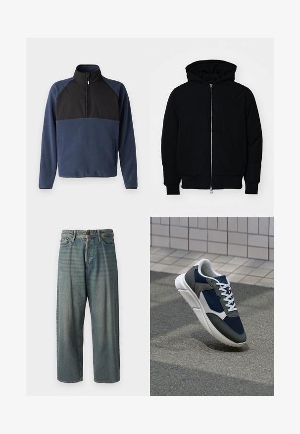 Čierna kapucňová bunda s predným zipsom, klokaními vreckami, rebrovanými manžetami a lemom, zobrazená na bielom pozadí.; Jack & Jones JCOPEAK HIGH NECK HALF ZIP - Flísová bunda - navy blazer; Svetlomodré denimové nohavice so voľným strihom, stredne vysokým pásom a rovnými nohavicami. Obsahujú päť vreciek, pútka na opasok a zapínanie na gombík.; Tenisky s sieťovinou v námorníckej modrej farbe, so sivými semišovými detailmi, bielou gumovou podrážkou a plochými bielymi šnúrkami, navrhnuté pre pohodlie a priedušnosť.