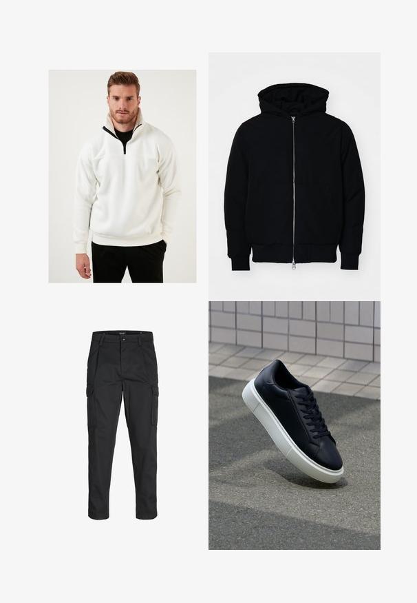 Black hooded jacket with front zipper, kangaroo pocket, ribbed cuffs, and hem, displayed on a plain white background.; White pullover made of soft fabric, featuring a half-zip collar with black accents. The design includes ribbed cuffs and a relaxed fit.; Black cargo pants made of sturdy fabric, featuring multiple pockets, a button closure, and a slim fit design with tapered legs.; Black leather sneaker with rounded toe and white rubber sole. Features flat laces and minimal stitching on the upper. Textured sole for grip.