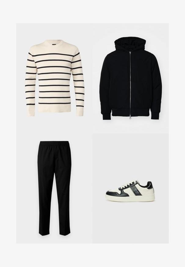 Svart hettejakke med frontglidelås, kengurulomme, ribbestrikket mansjetter og søm, vist på en ensfarget hvit bakgrunn.; Only & Sons ONSPHIL CREW - Strikkegenser - antique white; Svarte bukser med elastisk midje, med en rett ben-design. Stoffet ser glatt ut med en matt tekstur, uten synlige mønstre.; Lædersneakers med sort og creme farveskema, der har perforerede detaljer, en polstret krave og en struktureret ydersål.