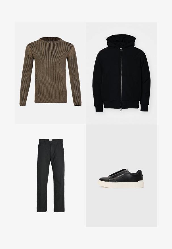 Črna kapuca jakna s sprednjim zadrgo, kenguru žepom, rebrastimi manšetami in hemom, razstavljena na enostavni beli ozadju.; Dolga majica z dolgimi rokavi, rjave in črne črte, z okroglim izrezom, rebrasto teksturo in ravnim robom. Narejena iz mehkega, pletenega materiala.; Črne hlače iz trpežnega materiala, s krojem naravnih nog, našitki ter dvema sprednjima žepoma za funkcionalnost.; Črne slip-on športne čevlje z teksturiranim usnjenim zgornjim delom, belim gumijastim podplatom in brez vidnih vezalk. Na strani je logotip blagovne znamke.