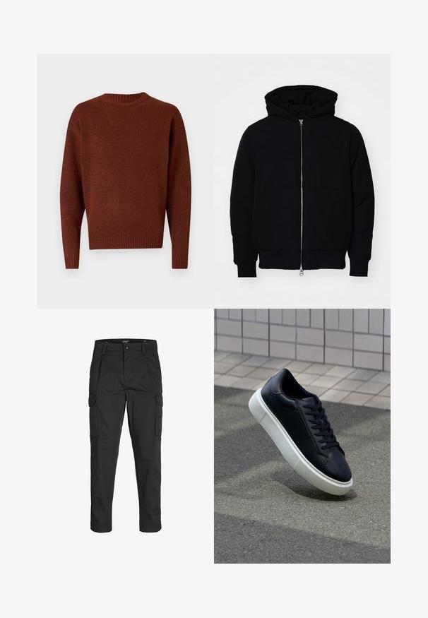 Black hooded jacket with front zipper, kangaroo pocket, ribbed cuffs, and hem, displayed on a plain white background.; Brown knitted sweater with a round neck, ribbed cuffs, and hem. Soft texture and relaxed fit, featuring set-in sleeves and no patterns.; Black cargo pants made of sturdy fabric, featuring multiple pockets, a button closure, and a slim fit design with tapered legs.; Black leather sneaker with rounded toe and white rubber sole. Features flat laces and minimal stitching on the upper. Textured sole for grip.