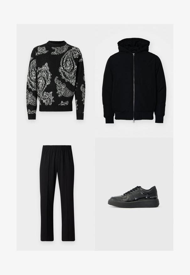 Giacca nera con cappuccio, dotata di zip frontale, tasca a marsupio, polsini e orlo a coste, esposta su uno sfondo bianco semplice.; Jack & Jones JOROLLIE CREW NECK - Maglione - black; Pantaloni neri con vita elasticizzata e design a gamba dritta, caratterizzati da una texture liscia e senza motivi o hardware visibili.; Sneakers in pelle nera con una finitura liscia, punta rotonda e suola in gomma nera a contrasto. Presentano lacci piatti e un logo sul lato.