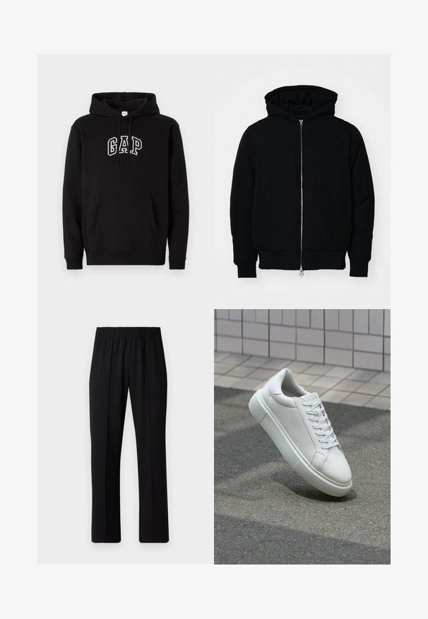 Black hooded jacket with front zipper, kangaroo pocket, ribbed cuffs, and hem, displayed on a plain white background.; Black hoodie with a front kangaroo pocket, ribbed cuffs, and an embroidered "GAP" logo in white across the chest. Cotton-rich material.; Black, elastic-waist trousers with a straight-leg design, featuring a smooth texture and no visible patterns or hardware.; White leather sneaker with a smooth surface, round toe, and flat white laces. Features a textured rubber sole and minimal design elements.