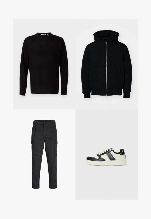 Chaqueta negra con capucha, cierre frontal, bolsillo tipo canguro, y puños y dobladillo acanalados, exhibida sobre un fondo blanco liso.; Only & Sons ONSAPOLLO CREW - Jersey de punto - black; Pantalones cargo negros hechos de tela resistente, que cuentan con múltiples bolsillos, un cierre de botón y un diseño de corte slim con piernas ajustadas.; Zapatillas de cuero con un esquema de colores negro y crema, que cuentan con acentos perforados, un collar acolchado y una suela texturizada.