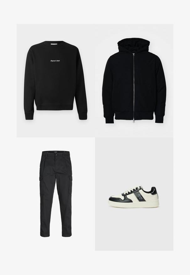 Black hooded jacket with front zipper, kangaroo pocket, ribbed cuffs, and hem, displayed on a plain white background.; Black sweatshirt featuring a rounded neckline, long sleeves, and ribbed cuffs, with "Original Studio" embroidered in white on the front.; Black cargo pants made of sturdy fabric, featuring multiple pockets, a button closure, and a slim fit design with tapered legs.; Leather sneakers with a black and cream color scheme, featuring perforated accents, a padded collar, and a textured outsole.