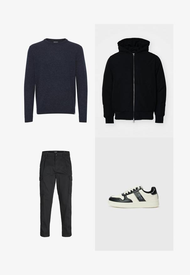 Mustaga kapuutsiga jakk, millel on esineed, kenguru tasku, soonikkoes, ja alläär, esitatud lihtsal valgel taustal.; Tume sinine kampsun, mis on valmistatud pehmest ja tekstuuriga kangast. Omab ümarat kaelust, pikki varrukaid ning soonikkoes mansette ja allserva. Lihtne disain.; Mustad mustapõlvik, mis on valmistatud tugeva koe kasutades, sisaldab mitmeid taskuid, nupule kinnitatav sulgemine ja kitsenev disain.; Nahatud nahkkingad musta ja kreemi värviskeemiga, millel on perforeeritud aktsendid, pehme krae ja tekstureeritud tallad.