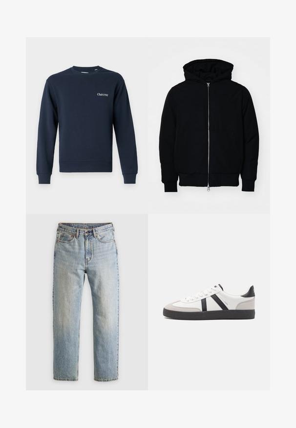 Sort hættejakke med frontlynlås, kængurulomme, ribbede manchetter og kant, præsenteret på en ensfarvet hvid baggrund.; Marineblå sweatshirt med rund hals, lange ærmer, ribbede manchetter og kant. Har "Club1990" broderet på venstre bryst. Blød stofstruktur.; Lysblå denim jeans med høj talje, frontknap, lynlås og fem-lomme design, lagt fladt på en neutral baggrund.; Hvide sneakers med sorte og grå detaljer, med en tekstureret grå tåhætte, sort gummisål og flade hvide snørebånd. Rent design, minimalistisk stil.