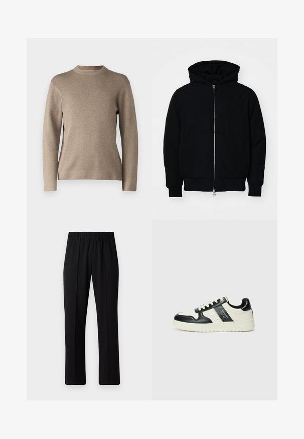 Schwarze Kapuzenjacke mit Frontreißverschluss, Kängurutasche, gerippten Bündchen und Saum, auf einem schlichten weißen Hintergrund präsentiert.; Beige Pullover mit Rundhalsausschnitt, langen Ärmeln, gerippten Bündchen und einem weichen, strukturierten Stoff. Hat ein schlichtes Design und eine lockere Passform.; Schwarze, Gummibund-Hosen mit geradem Schnitt, die eine glatte Textur aufweisen und keine sichtbaren Muster oder Beschläge haben.; Leder-Sneaker in Schwarz- und Cremetönen, mit perforierten Akzenten, einem gepolsterten Kragen und einer strukturierten Laufsohle.