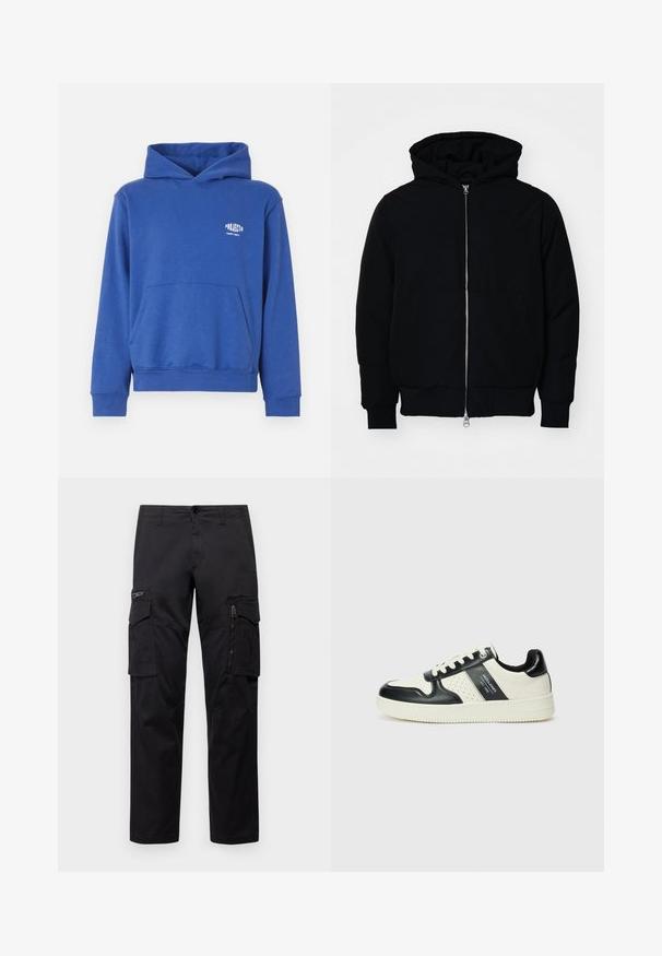 Giacca nera con cappuccio, dotata di zip frontale, tasca a marsupio, polsini e orlo a coste, esposta su uno sfondo bianco semplice.; Felpa con cappuccio blu in cotone, con tasca a marsupio frontale, polsini e fondo a costine, e un piccolo logo sull'area del petto. Tessuto morbido.; Pantaloni cargo neri con multiple tasche, tasca con zip sulla coscia, vestibilità dritta e in resistente cotone con un leggero lucido.; Sneakers in pelle con una combinazione di colori nero e crema, dotati di dettagli perforati, collare imbottito e suola testurizzata.
