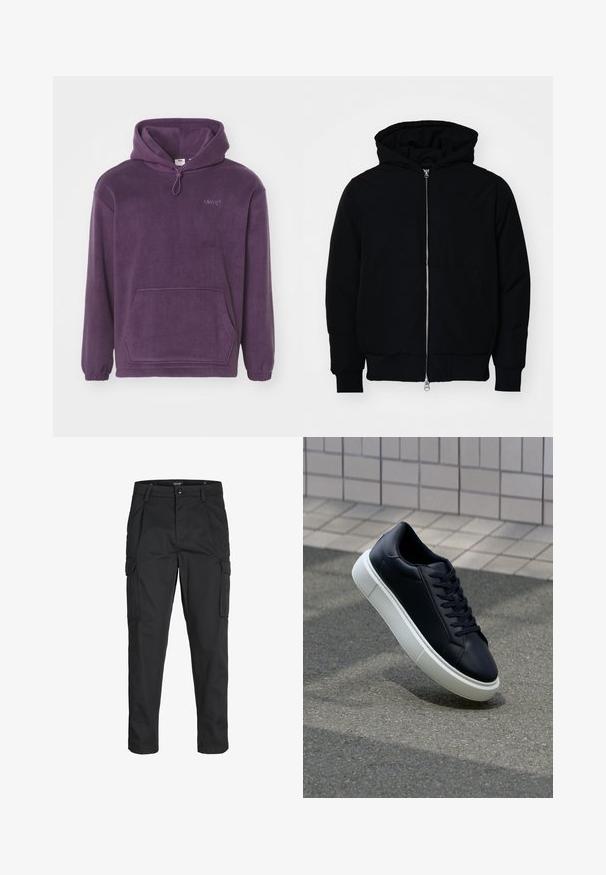 Juodas gobtuvėlis su priekiniu užtrauktuku, kengūros tipo kišene, lygiais rankogaliais ir apvadu, pateiktas ant vientiso balto fono.; Violetinio pliušinio džemperio su gobtuvu, su raišteliu, priekyje yra kengūros kišenė ir susiraukšlėję rankogaliai. Akcentuota prekės ženklo siuvinėta detalė ant krūtinės.; Juodi krovinių tipo džinsai, pagaminti iš tvirto audinio, su keliais kišeniais, mygtuko uždarymu ir siauru, prigludusiu dizainu su siaurėjančiomis kojomis.; Juodas odinis sportbačius su apvaliu pirštu ir baltu gumuotu padu. Turi plokščias raišteles ir minimalų siuvimą viršuje. Padangos tekstūra užtikrina sukibimą.