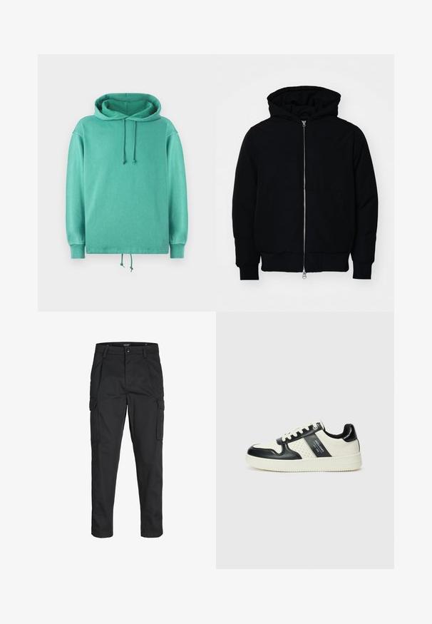 Svart hettejakke med frontglidelås, kengurulomme, ribbestrikket mansjetter og søm, vist på en ensfarget hvit bakgrunn.; Mintgrønn hettegenser laget av mykt stoff med en avslappet passform, med en romslig halslinning, snor og ribbede ermer.; Sorte cargo bukser laget av slitesterkt stoff, med flere lommer, knappelukking og en slim fit-design med avsmalnede ben.; Lædersneakers med sort og creme farveskema, der har perforerede detaljer, en polstret krave og en struktureret ydersål.