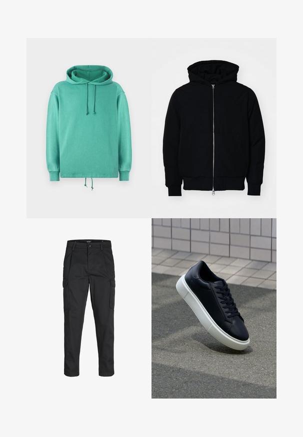 Črna kapuca jakna s sprednjim zadrgo, kenguru žepom, rebrastimi manšetami in hemom, razstavljena na enostavni beli ozadju.; Hoodie v mint zeleni barvi, izdelan iz mehkega blaga, z ohlapnim krojem, širokim izrezom, z vrvicami in rebrastimi manšetami.; Črne cargo hlače iz trdnega blaga, ki imajo več žepov, gumbasto zapiranje in ozek kroj z zožanimi nogami.; Črne usnjene superge z zaobljenim prstom in belim gumijastim podplat. Imajo ravne vezalke in minimalno šivanje na zgornjem delu. Teksturirani podplat za oprijem.